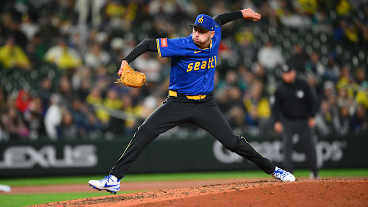 Seattle Mariners pitcher Tayler Saucedo throws during a game against the Athletics on March 28 at T-Mobile Park. Seattle Mariners pitcher Tayler Saucedo throws during a game against the Athletics on March 28 at T-Mobile Park.