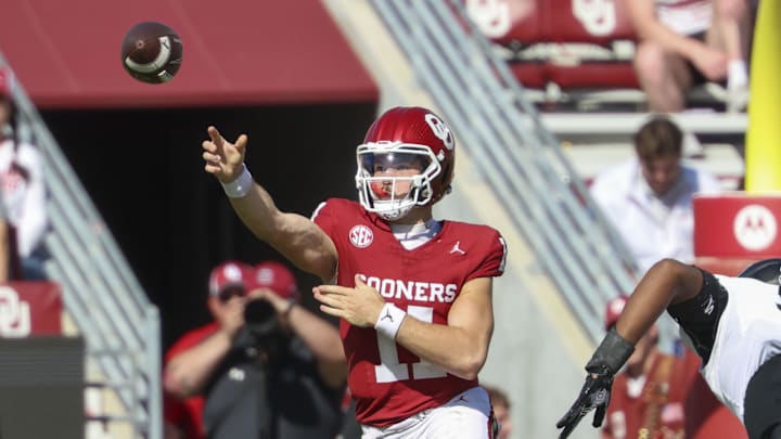 Oct 19, 2024; Norman, Oklahoma, USA;  Oklahoma Sooners quarterback Jackson Arnold (11) throws during the second half at Gaylord Family-Oklahoma Memorial Stadium. Mandatory Credit: Kevin Jairaj-Imagn Images