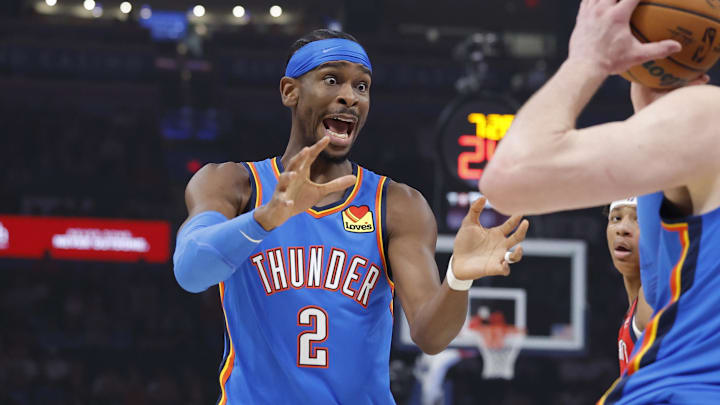 Nov 2, 2025; Oklahoma City, Oklahoma, USAOklahoma City Thunder guard Shai Gilgeous-Alexander (2) yells for the ball after Oklahoma City Thunder center Isaiah Hartenstein (55) grabs a rebound during the first quarter against the New Orleans Pelicans at Paycom Center. Mandatory Credit: Alonzo Adams-Imagn Images