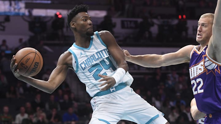 Jan 7, 2025; Charlotte, North Carolina, USA; Charlotte Hornets forward Brandon Miller (24) passes during the first half against the Phoenix Suns at the Spectrum Center. Mandatory Credit: Sam Sharpe-Imagn Images Jan 7, 2025; Charlotte, North Carolina, USA; Charlotte Hornets forward Brandon Miller (24) passes during the first half against the Phoenix Suns at the Spectrum Center. Mandatory Credit: Sam Sharpe-Imagn Images