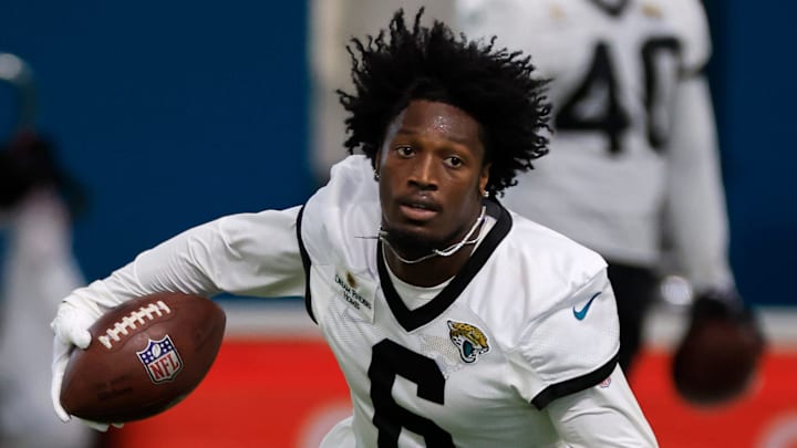Jacksonville Jaguars safety Darnell Savage (6) runs the ball during the second day of a mandatory minicamp Tuesday, June 11, 2024 at EverBank Stadium’s Miller Electric Center in Jacksonville, Fla. [Corey Perrine/Florida Times-Union]