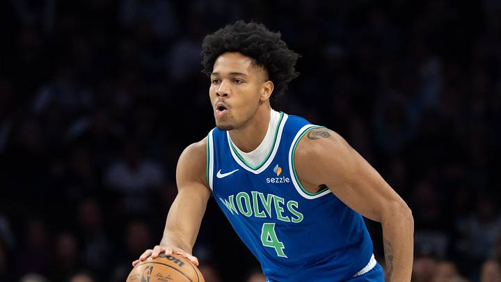 Oct 25, 2026; Minneapolis, Minnesota, USA;  Minnesota Timberwolves guard Terrence Shannon Jr. (4) dribbles the ball against the Toronto Raptors in the first half at Target Center.  Mandatory Credit: Jesse Johnson-Imagn Images