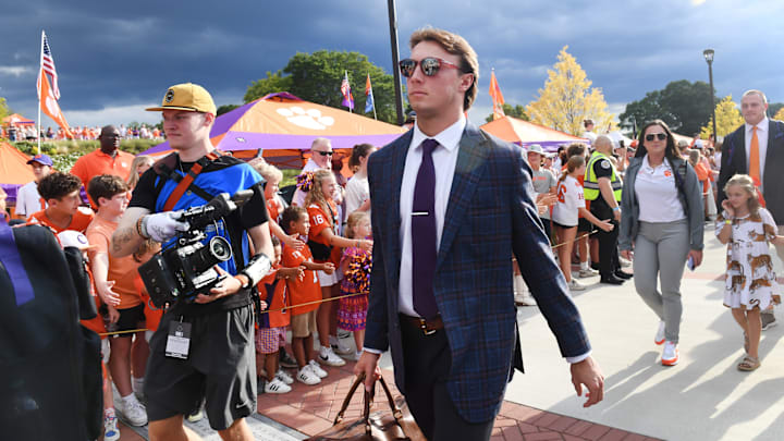 The Clemson Tigers played the Appalachian State Mountaineers in college football Saturday, Sept. 7, 2024. Clemson quarterback Cade Klubnik (2) arrives to the game during Tiger Walk. The Clemson Tigers played the Appalachian State Mountaineers in college football Saturday, Sept. 7, 2024. Clemson quarterback Cade Klubnik (2) arrives to the game during Tiger Walk.
