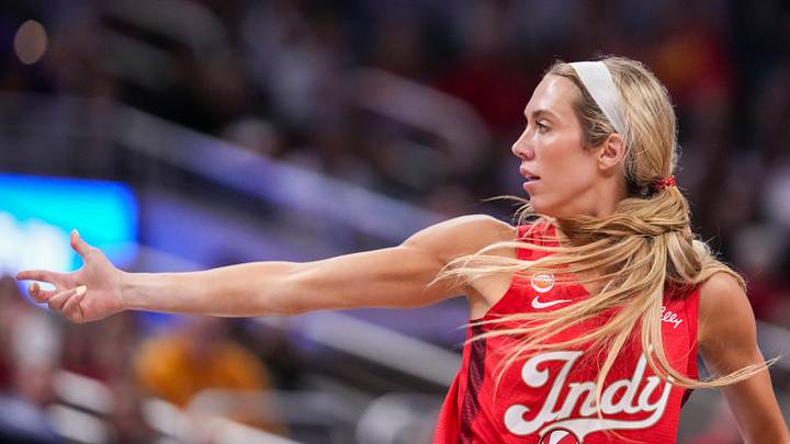 Indiana Fever guard Lexie Hull (10) celebrates after scoring Friday, May 22, 2026, during a game at Gainbridge Fieldhouse in Indianapolis. The Indiana Fever defeated the Golden State Valkyries, 90-82.