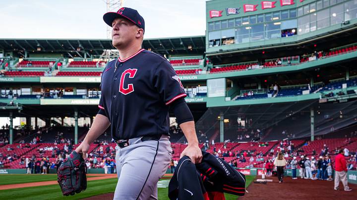 Sep 22, 2026; Boston, Massachusetts, USA; Cleveland Guardians pitcher Parker Messick (77) walks to the bullpen before the start of the game against the Boston Red Sox at Fenway Park. Mandatory Credit: David Butler II-Imagn Images