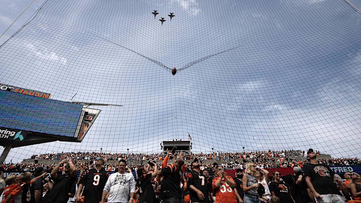Sep 17, 2023; Cincinnati, Ohio, USA; A field goal is kicked during warm ups as military planes fly over prior to a Week 2 NFL football game between the Baltimore Ravens and the Cincinnati Bengals at Paycor Stadium. Mandatory Credit: Sam Greene-Imagn Images
