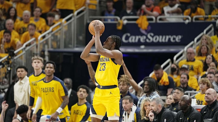 Jun 19, 2025; Indianapolis, Indiana, USA; Indiana Pacers forward Aaron Nesmith (23) shoots the ball against the Oklahoma City Thunder during the first half of game six of the 2025 NBA Finals between the Oklahoma City Thunder and the Indiana Pacers at Gainbridge Fieldhouse. Mandatory Credit: Kyle Terada-Imagn Images
