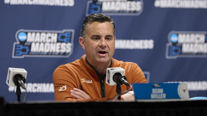 Texas Longhorns head coach Sean Miller answers questions during a press conference before a practice session ahead of the first round of the men's 2026 NCAA Tournament at Moda Center. 