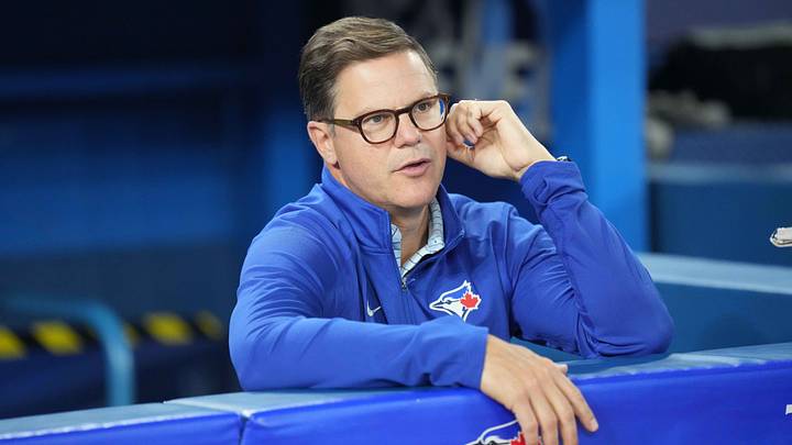 Jun 28, 2023; Toronto, Ontario, CAN; Toronto Blue Jays general manager Ross Atkins talks with the media during batting practice  against the San Francisco Giants at Rogers Centre. Mandatory Credit: Nick Turchiaro-USA TODAY Sports