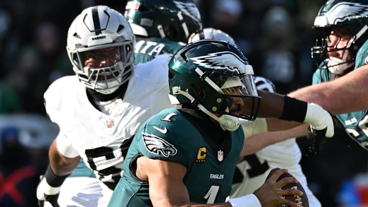 Dec 14, 2025; Philadelphia, Pennsylvania, USA; Philadelphia Eagles quarterback Jalen Hurts (1) runs the ball during the second quarter against the Las Vegas Raiders at Lincoln Financial Field. Mandatory Credit: Eric Hartline-Imagn Images Dec 14, 2025; Philadelphia, Pennsylvania, USA; Philadelphia Eagles quarterback Jalen Hurts (1) runs the ball during the second quarter against the Las Vegas Raiders at Lincoln Financial Field. Mandatory Credit: Eric Hartline-Imagn Images