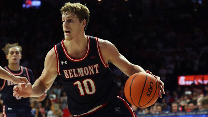 Nov 17, 2023; Tucson, Arizona, USA; Belmont Bruins guard Cade Tyson (10) dribbles towards the net