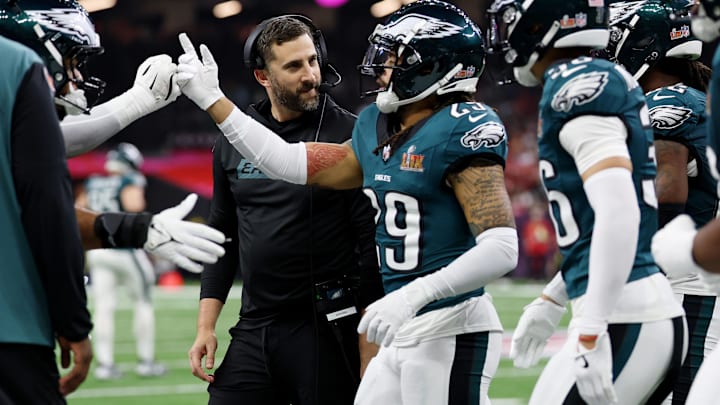 Philadelphia Eagles head coach Nick Sirianni reacts after cornerback Avonte Maddox (29) made a defensive stop during the second half of Super Bowl LIX.