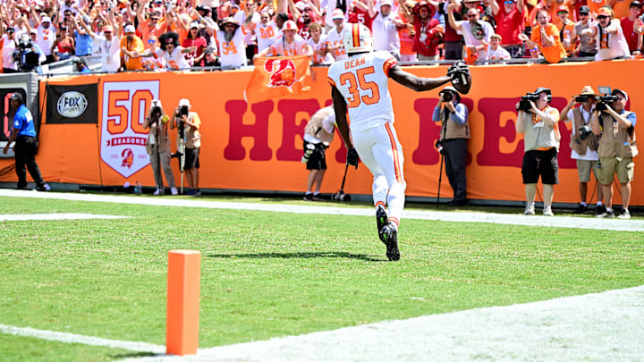 Jamel Dean celebrates his first pick-six since 2020 during Tampa Bay Buccaneers home opener vs. New York Jets