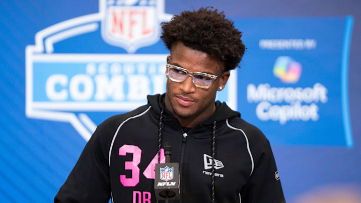 Feb 26, 2026; Indianapolis, IN, USA; Ohio State defensive back Caleb Downs (DB34) speaks to members of the media during the NFL Combine at the Indiana Convention Center. Mandatory Credit: Jacob Musselman-Imagn Images Feb 26, 2026; Indianapolis, IN, USA; Ohio State defensive back Caleb Downs (DB34) speaks to members of the media during the NFL Combine at the Indiana Convention Center. Mandatory Credit: Jacob Musselman-Imagn Images