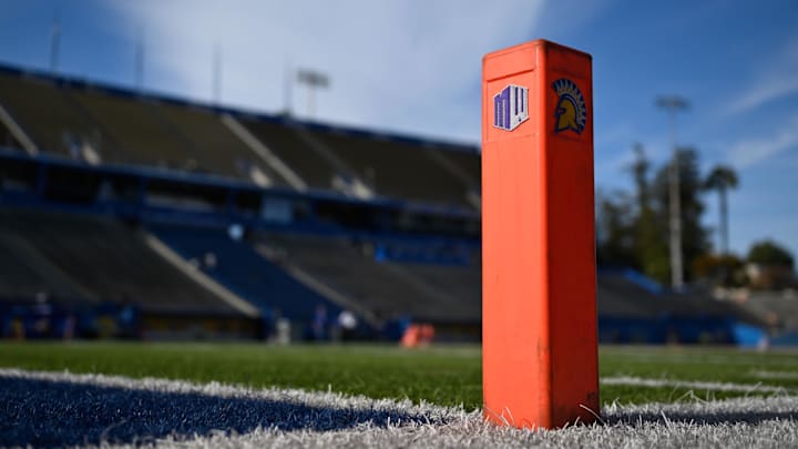 The Mountain West and San Jose State Spartans logos are seen on the pylon before their game against the Stanford Cardinal at CEFCU Stadium. 