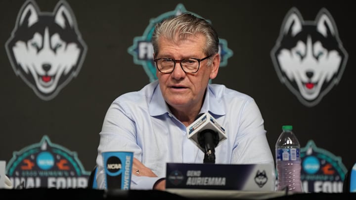 Apr 1, 2022; Minneapolis, MN, USA; UConn Huskies head coach Geno Auriemma speaks to the media after defeating the Stanford Cardinal in the Final Four semifinals of the women's college basketball NCAA Tournament at Target Center. Mandatory Credit: Kirby Lee-Imagn Images