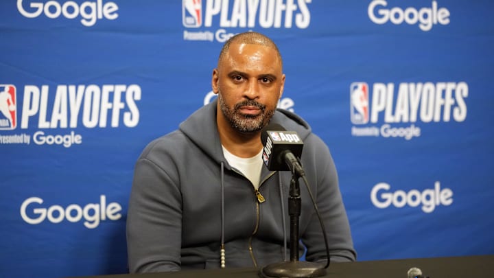 Apr 18, 2026; Los Angeles, California, USA; Houston Rockets head coach Ime Udoka at press conference during game one of the first round of the 2026 NBA Playoffs against the Los Angeles Lakers at Crypto.com Arena. Mandatory Credit: Kirby Lee-Imagn Images