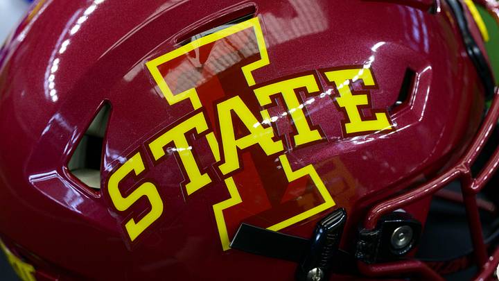 Jul 14, 2022; Arlington, TX, USA; A view of the Iowa State Cyclones helmet logo during the Big 12 Media Day at AT&T Stadium. Jul 14, 2022; Arlington, TX, USA; A view of the Iowa State Cyclones helmet logo during the Big 12 Media Day at AT&T Stadium.