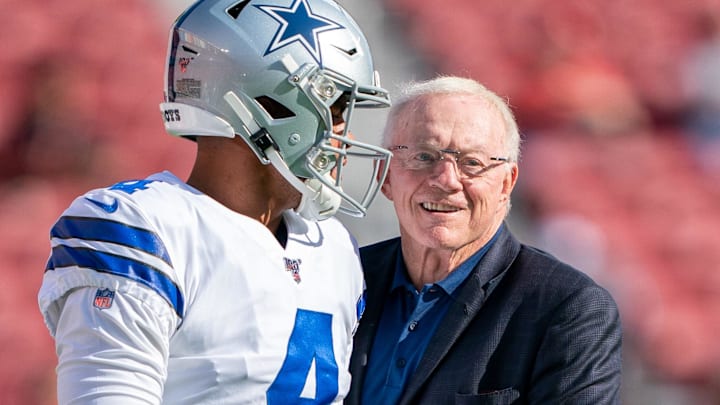 August 10, 2019; Santa Clara, CA, USA; Dallas Cowboys quarterback Dak Prescott (4) and owner Jerry Jones (right) before the game against the San Francisco 49ers at Levi's Stadium. Mandatory Credit: Kyle Terada-USA TODAY Sports