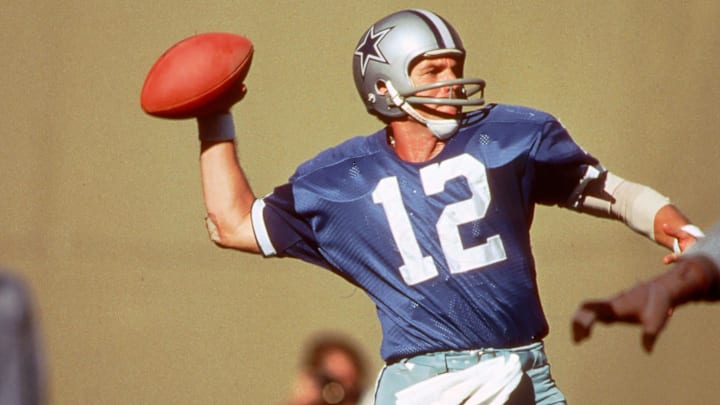 Dallas Cowboys quarterback Roger Staubach in action against the St. Louis Cardinals at Busch Stadium.