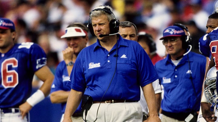 Sep 12, 1993; Foxboro, MA, USA; FILE PHOTO; New England Patriots head coach Bill Parcells on the sidelines against the Detroit Lions at Foxboro Stadium. Mandatory Credit: Imagn Images