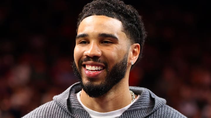 Feb 24, 2026; Phoenix, Arizona, USA; Boston Celtics injured forward Jayson Tatum against the Phoenix Suns in the first half at Mortgage Matchup Center. Mandatory Credit: Mark J. Rebilas-Imagn Images