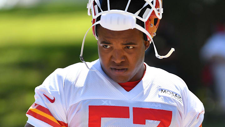 Jul 27, 2019; Kansas City, MO, USA; Kansas City Chiefs outside linebacker Breeland Speaks (57) walks to the field during training camp at Missouri Western State University. Mandatory Credit: Denny Medley-USA TODAY Sports