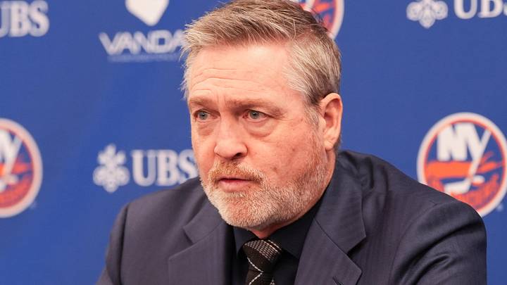 Apr 3, 2026; Elmont, New York, USA;  New York Islanders head coach Patrick Roy speaks to the media after their loss to the Philadelphia Flyers at UBS Arena. Mandatory Credit: Alexander Wohl-Imagn Images