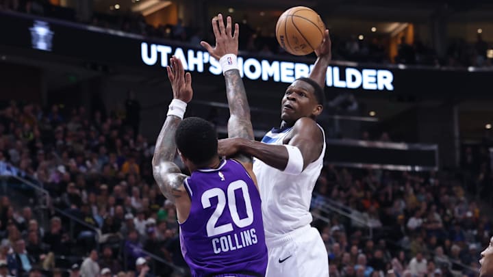 Mar 18, 2024; Salt Lake City, Utah, USA; Minnesota Timberwolves guard Anthony Edwards (5) dunks the