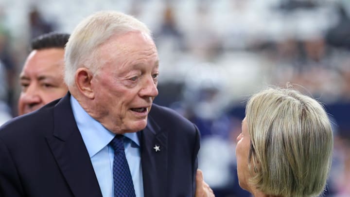 Oct 13, 2024; Arlington, Texas, USA;  Dallas Cowboys owner Jerry Jones (left) greets Detroit Lions owner Sheila Ford Hamp before the game at AT&T Stadium. Mandatory Credit: Kevin Jairaj-Imagn Images