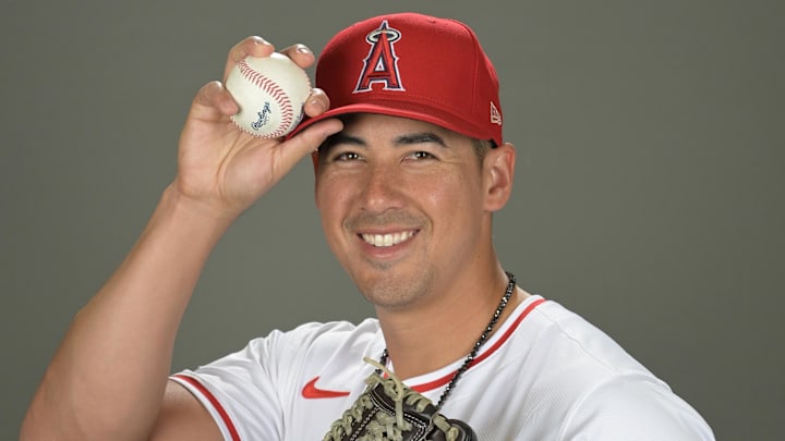 Angels relief pitcher Robert Stephenson (24) poses for a photo on media day in Tempe, AZ on Feb. 21