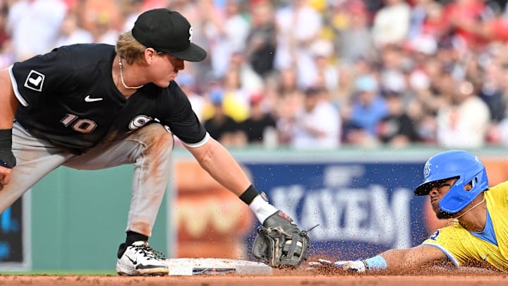 Boston Red Sox center fielder Ceddanne Rafaela (3) slides into second base as Chicago White Sox second baseman Chase Meidroth (10) applies the tag at Fenway Park. 