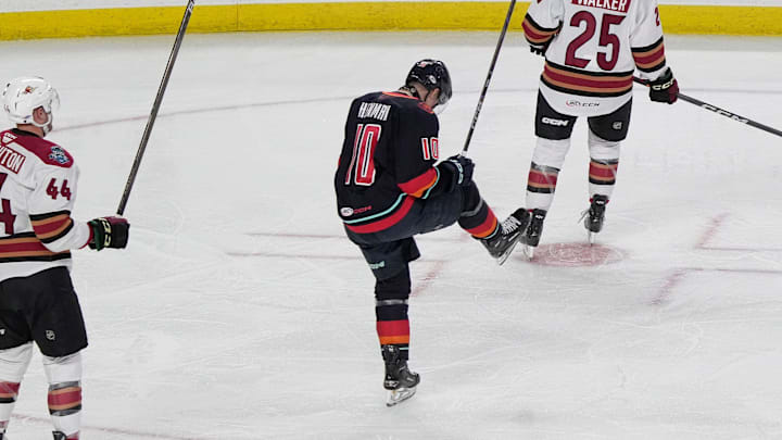 Luke Henman of the Coachella Valley Firebirds celebrates a goal during their win over the Tuscon Roadrunners at Acrisure Arena in Palm Desert, Calif., Feb. 19, 2025.