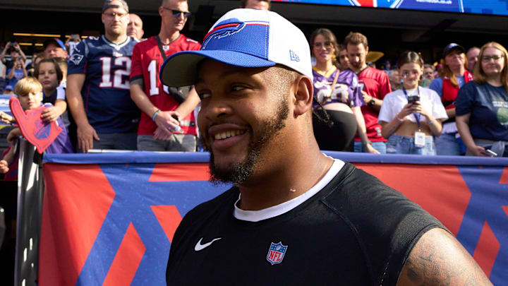 Buffalo Bills offensive tackle Dion Dawkins smiles before the first half of an NFL International Series game at Tottenham Hotspur Stadium.