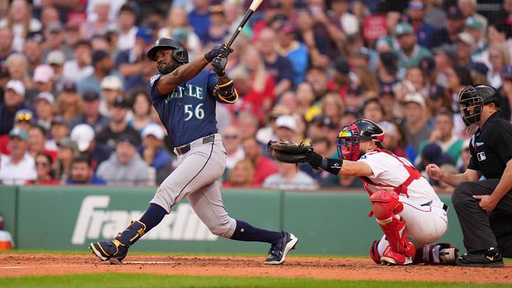 Sep 2, 2026; Boston, Massachusetts, USA; Seattle Mariners left fielder Randy Arozarena (56) hits a single to drive in a run against the Boston Red Sox in the sixth inning at Fenway Park. Mandatory Credit: David Butler II-Imagn Images Sep 2, 2026; Boston, Massachusetts, USA; Seattle Mariners left fielder Randy Arozarena (56) hits a single to drive in a run against the Boston Red Sox in the sixth inning at Fenway Park. Mandatory Credit: David Butler II-Imagn Images