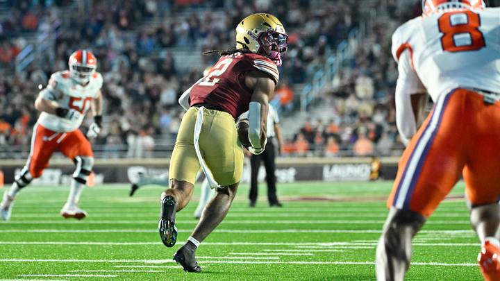 Oct 11, 2025; Chestnut Hill, Massachusetts, USA; Boston College Eagles defensive back KP Price (2) runs after intercepting a pass by Clemson Tigers quarterback Cade Klubnik (2) (not pictured) during the second half at Alumni Stadium. Mandatory Credit: Eric Canha-Imagn Images Oct 11, 2025; Chestnut Hill, Massachusetts, USA; Boston College Eagles defensive back KP Price (2) runs after intercepting a pass by Clemson Tigers quarterback Cade Klubnik (2) (not pictured) during the second half at Alumni Stadium. Mandatory Credit: Eric Canha-Imagn Images