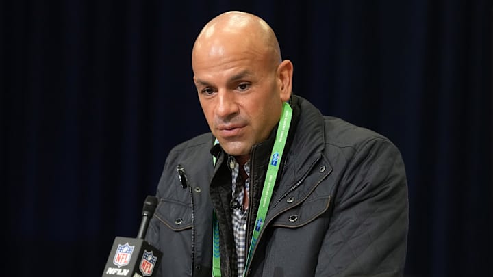 Feb 24, 2026; Indianapolis, IN, USA; Tennessee Titans coach Robert Saleh speaks at the NFL Scouting Combine at the Indiana Convention Center. Mandatory Credit: Kirby Lee-Imagn Images