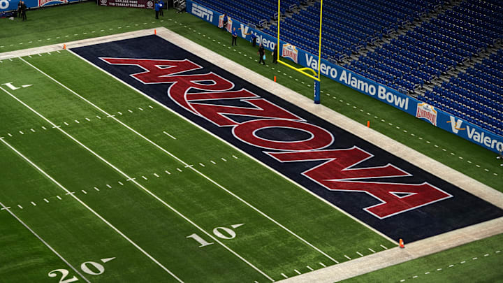 Dec 28, 2023; San Antonio, TX, USA; The Arizona Wildcats logo in the end zone at Alamodome.
