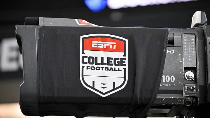 Dec 6, 2025; Arlington, TX, USA; A view of a tv camera and the ESPN college football logo before the game between the Texas Tech Red Raiders and the BYU Cougars at AT&T Stadium. Mandatory Credit: Jerome Miron-Imagn Images