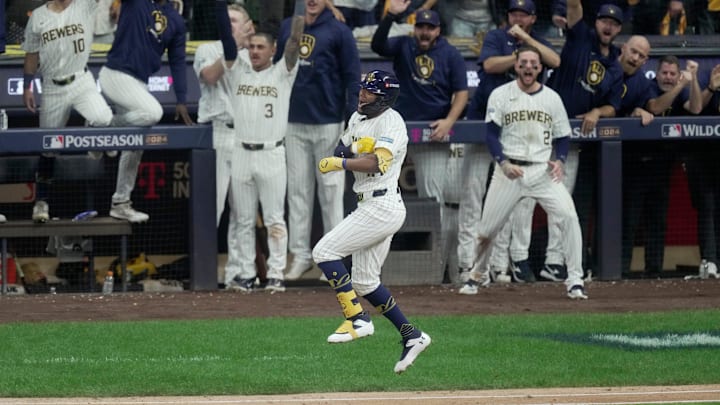 Milwaukee Brewers outfielder Jackson Chourio (11) celebrates his solo home run during the eighth inning of their wild-card playoff game against the New York Mets Wednesday, October 2, 2024 at American Family Field in Milwaukee, Wisconsin.