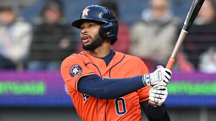 Houston Astros left fielder Brice Matthews (0) hits an RBI double