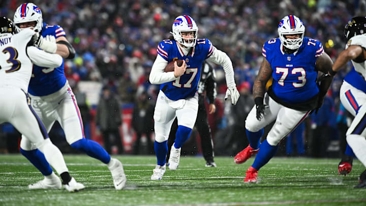 Buffalo Bills QB Josh Allen runs the ball during the first quarter against the Baltimore Ravens in a 2025 AFC divisional round game at Highmark Stadium. Buffalo Bills QB Josh Allen runs the ball during the first quarter against the Baltimore Ravens in a 2025 AFC divisional round game at Highmark Stadium.