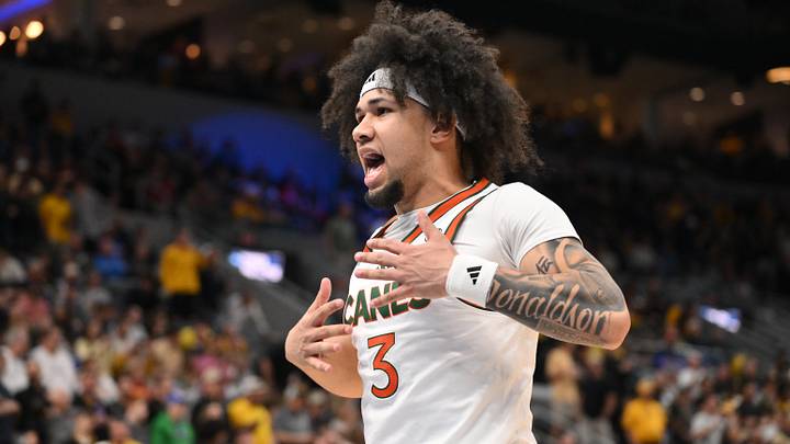 Miami (FL) Hurricanes guard Tre Donaldson (3) reacts (Mandatory Credit: Jeff Curry-Imagn Images)