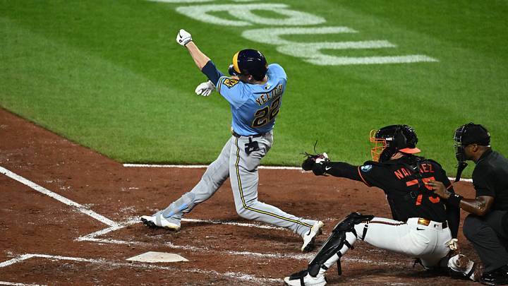 Sep 20, 2026; Baltimore, Maryland, USA; Milwaukee Brewers designated hitter Christian Yelich (22) loses his bat on a swing during the fourth inning against the Baltimore Orioles at Oriole Park at Camden Yards. Mandatory Credit: James A. Pittman-Imagn Images Sep 20, 2026; Baltimore, Maryland, USA; Milwaukee Brewers designated hitter Christian Yelich (22) loses his bat on a swing during the fourth inning against the Baltimore Orioles at Oriole Park at Camden Yards. Mandatory Credit: James A. Pittman-Imagn Images