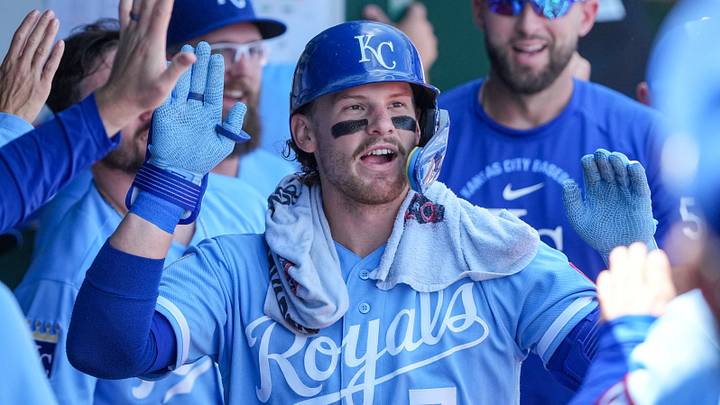 Aug 20, 2026; Kansas City, Missouri, USA; Kansas City Royals shortstop Bobby Witt Jr. (7) celebrates in the dugout after hitting a solo home run against the Athletics during the first inning at Kauffman Stadium. Mandatory Credit: Denny Medley-Imagn Images