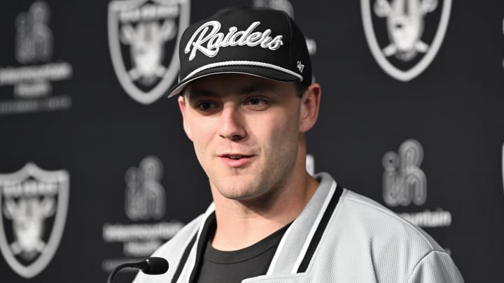 Apr 26, 2024; Henderson, NV, USA; Las Vegas Raiders tight end Brock Bowers speaks to the media at Intermountain Health Performance Center in Henderson, NV. Mandatory Credit: Candice Ward-USA TODAY Sports Apr 26, 2024; Henderson, NV, USA; Las Vegas Raiders tight end Brock Bowers speaks to the media at Intermountain Health Performance Center in Henderson, NV. Mandatory Credit: Candice Ward-USA TODAY Sports