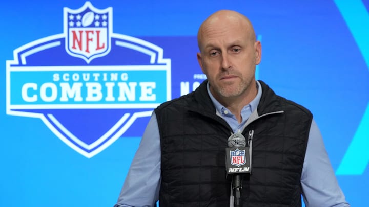 Feb 27, 2024; Indianapolis, IN, USA; Arizona Cardinals general manager Monti Ossenfort speaks during a press conference during the NFL Scouting Combine at Indiana Convention Center. Mandatory Credit: Kirby Lee-Imagn Images