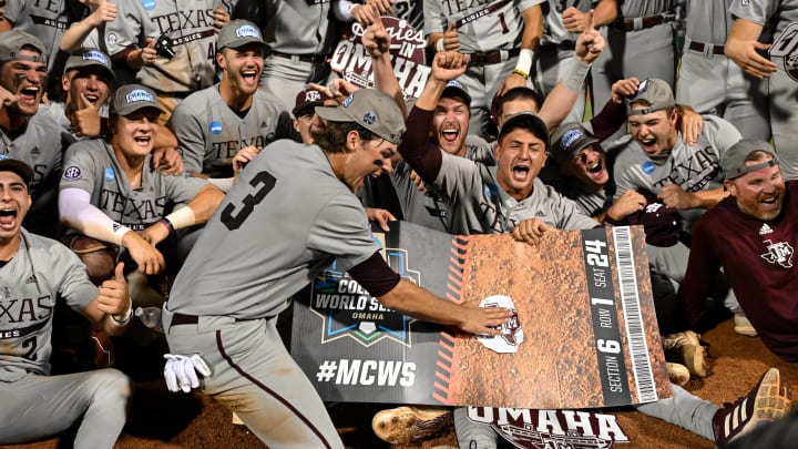 Jun 9, 2024; College Station, TX, USA; Texas A&M celebrates after sweeping Oregon in the Bryan-College Station Super Regional series at Olsen Field, Blue Bell Park. Jun 9, 2024; College Station, TX, USA; Texas A&M celebrates after sweeping Oregon in the Bryan-College Station Super Regional series at Olsen Field, Blue Bell Park.
