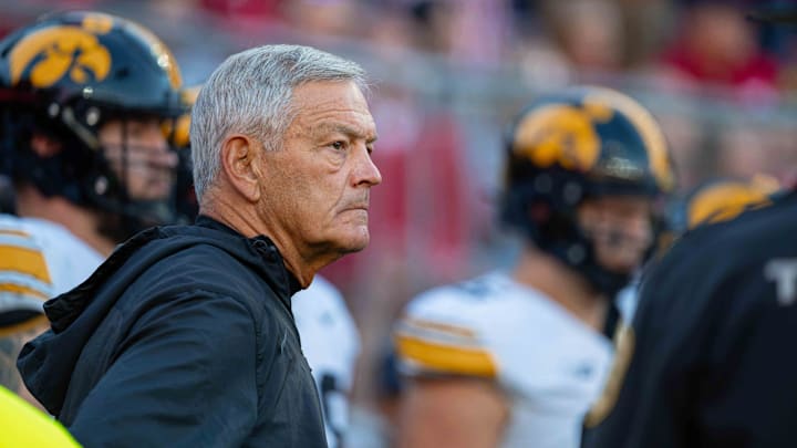 Oct 11, 2025; Madison, Wisconsin, USA; Iowa Hawkeyes head coach Kirk Ferentz eyes the field before a game against the Wisconsin Badgers at Camp Randall Stadium. Mandatory Credit: Ross Harried-Imagn Images