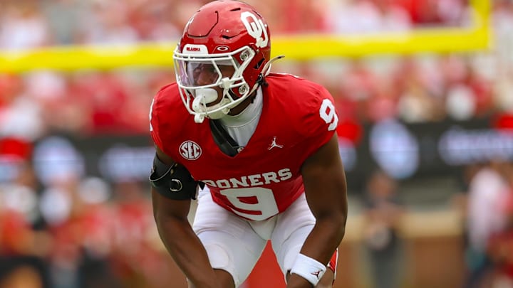 Aug 30, 2025; Norman, Oklahoma, USA;  Oklahoma Sooners defensive back Gentry Williams (9) during the game against the Illinois State Redbirds at Gaylord Family-Oklahoma Memorial Stadium. Mandatory Credit: Kevin Jairaj-Imagn Images
